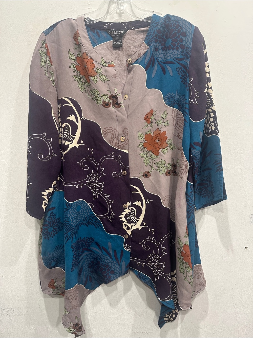 Citron Santa Monica 100% Silk Patchwork floral Blouse tunic small jacket  boho